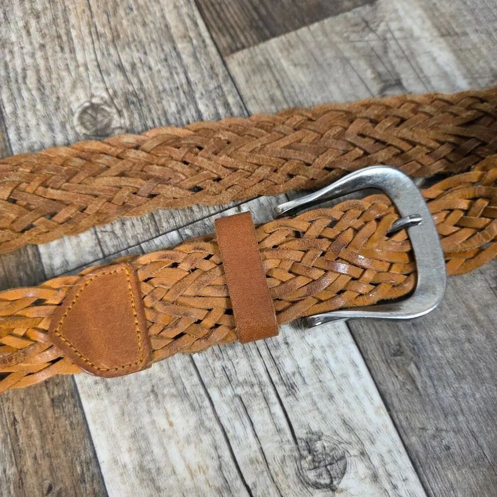 Calvin Klein Woven Leather Belt Cognac Brown Silver Buckle Boho Western Cowgirl